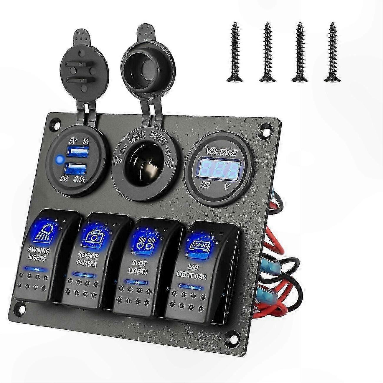 Waterproof 4 Gang LED Toggle Switch Panel for Automotive and Marine Applications, 12-24V Circuit Control