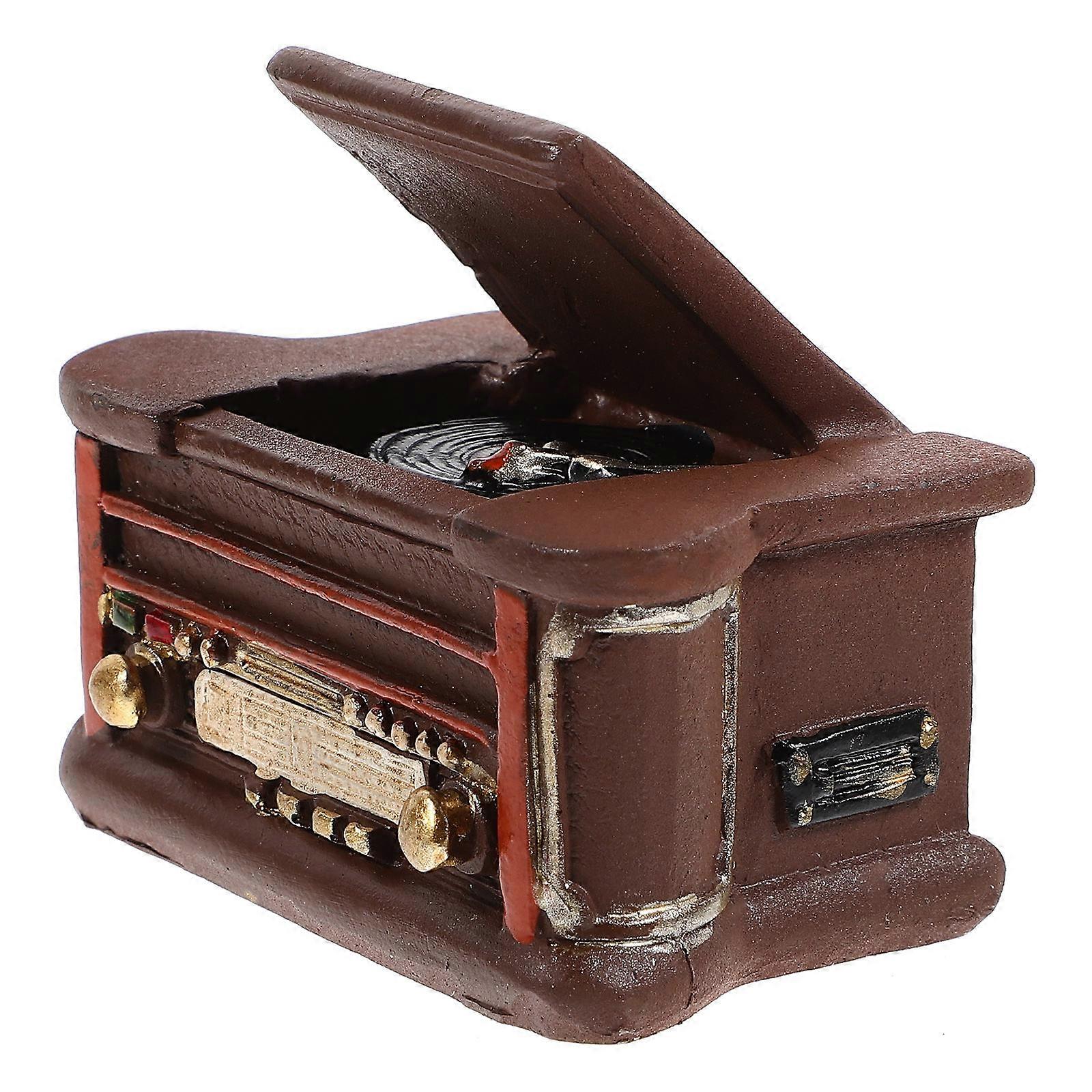 Brown Mini Record Player for Decoration 4Pcs Resin Dollhouse Model