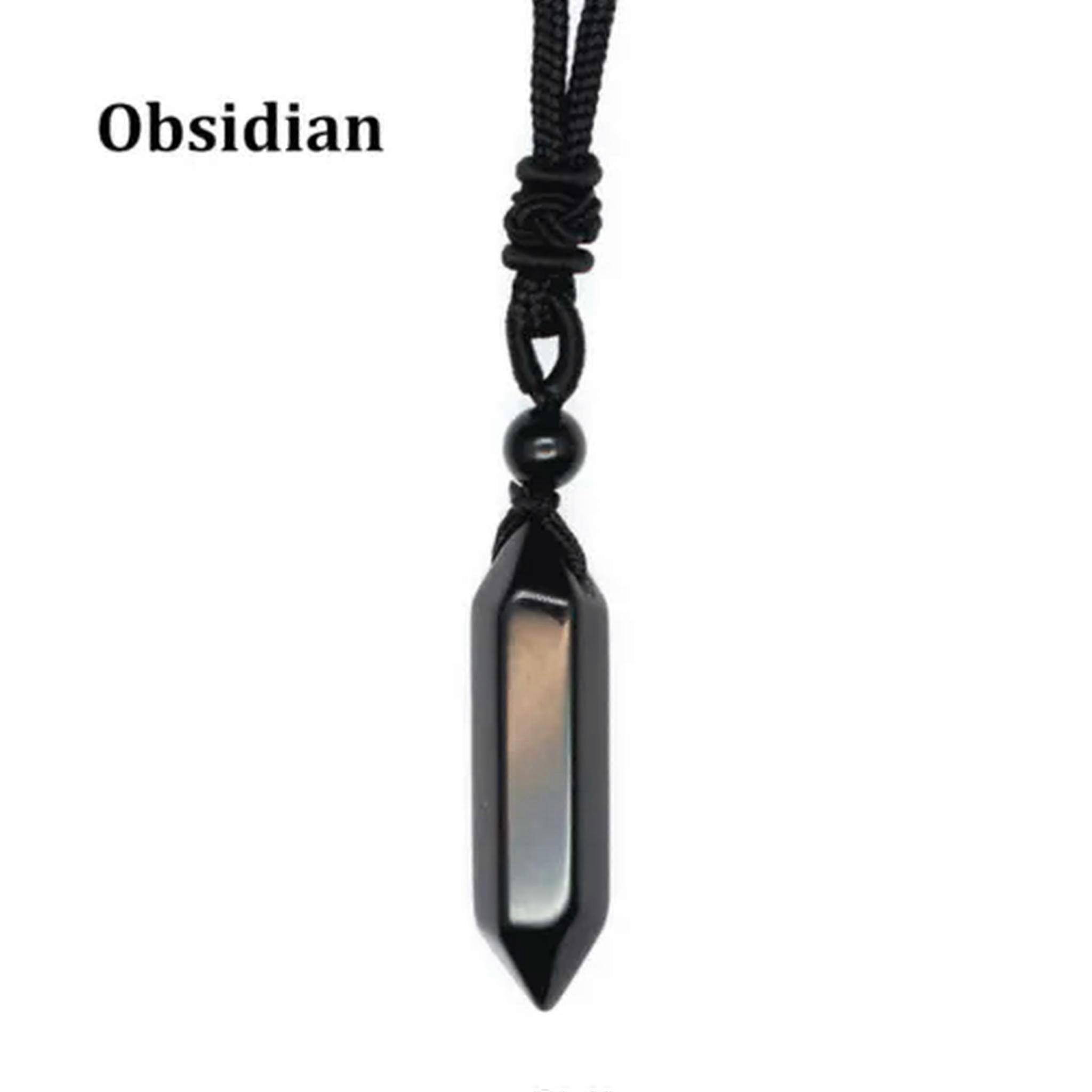 RSAMD 1X Natural Bead Chakra Crystal Pendant Double Point Hexagonal Cone Wand Necklace-Obsidian