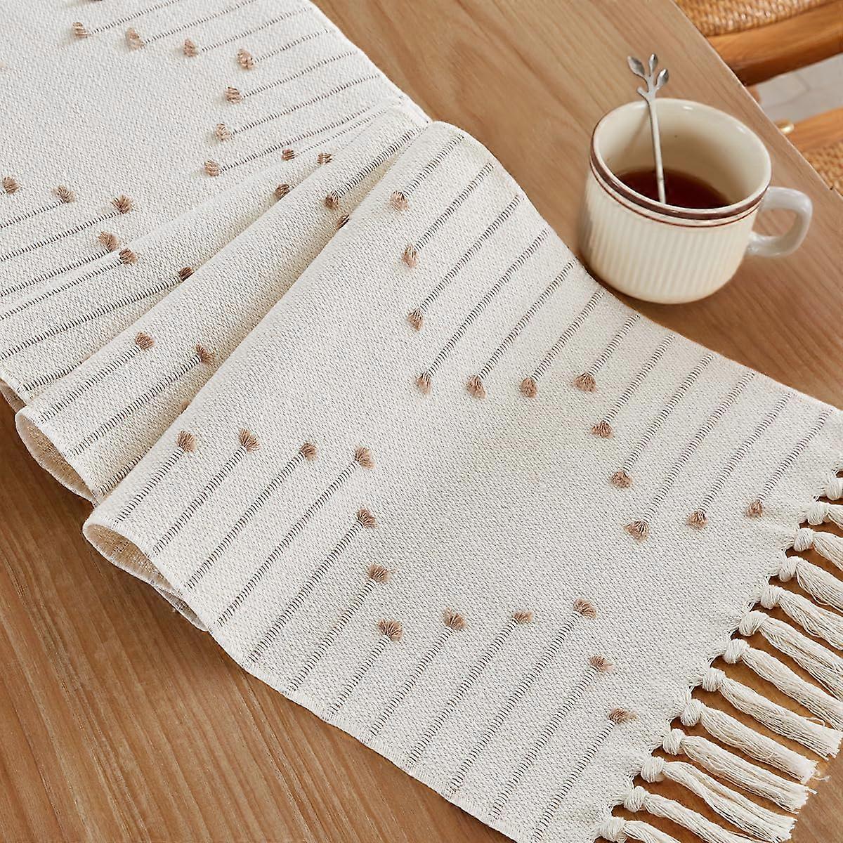 Boho Cotton Woven Table Runner 14x72 Inch with HandFringed Tassels, Rustic Macrame Farmhouse Decor