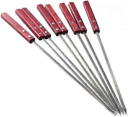 8 Pack Reusable Kebab Skewers Stainless Steel, Flat BBQ Skewers Metal with Non-Slip Heat-Resistant Brick Red Wood Handle, 40cm Length Pointed Tip for 