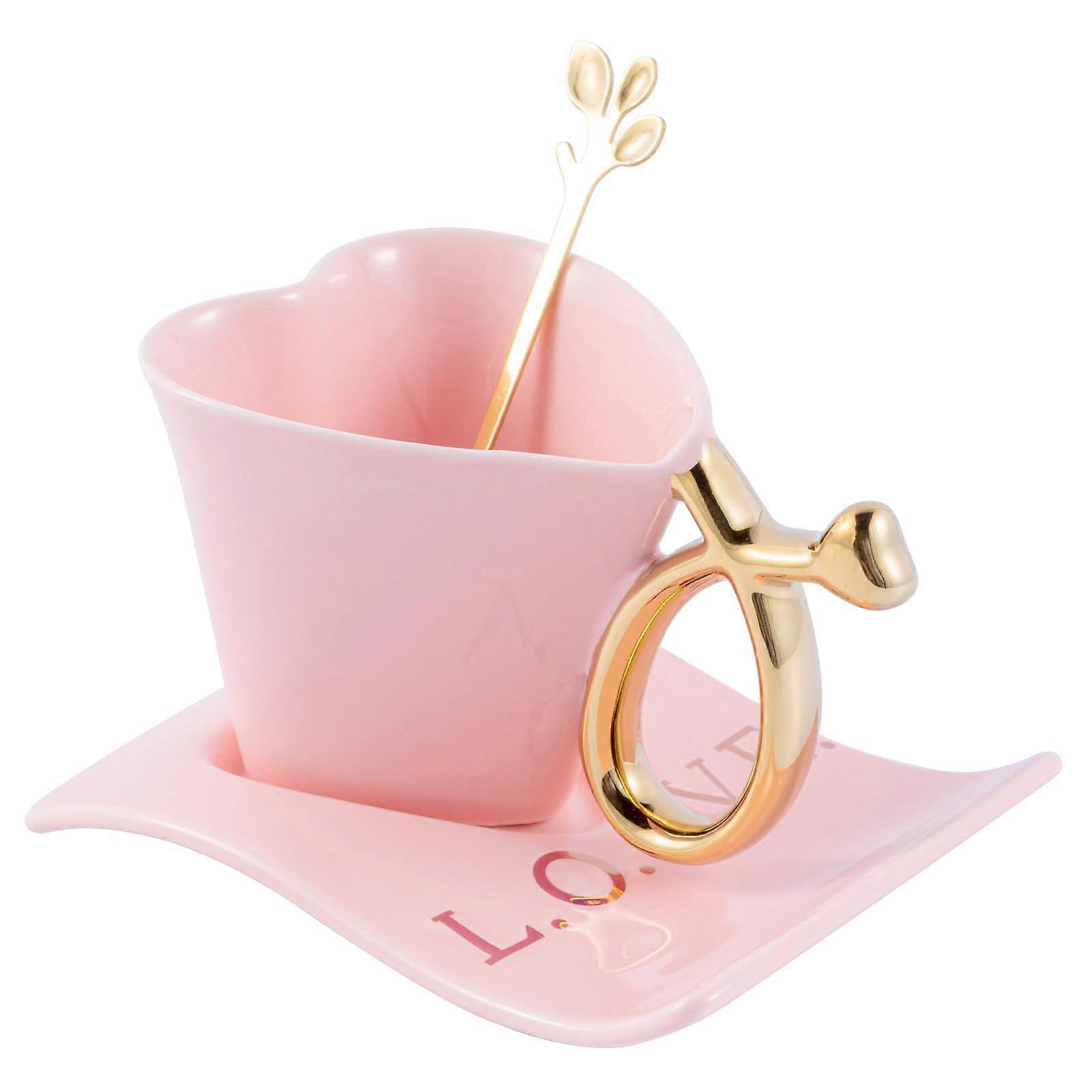Heart Shaped Porcelain Espresso Cup with Saucer and Spoon, Pink 135ml, Microwave Safe