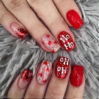 Christmas Press on Nails Set 24Pcs Red Medium Length Square Fake Nails Easy Reusable Salon Style