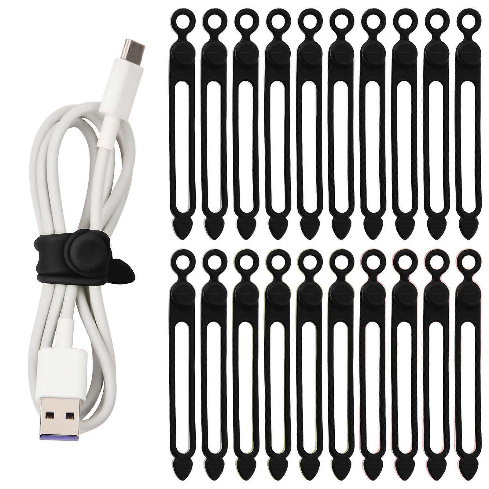 Reusable Silicone Cable Ties 20pcs Black Quick Secure Fastening for Cable Management Organizer