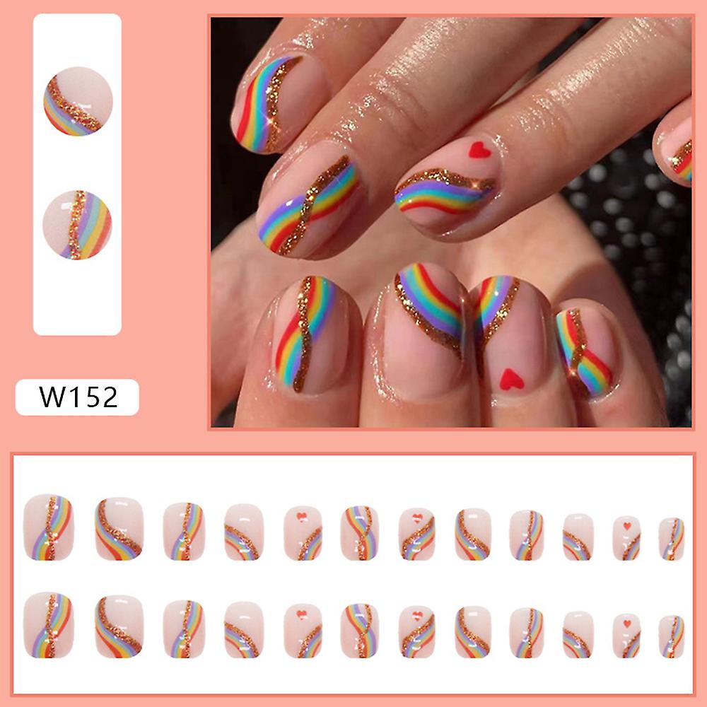 24pcs Rainbow Stripes False Nails Shiny Short Fake Nails