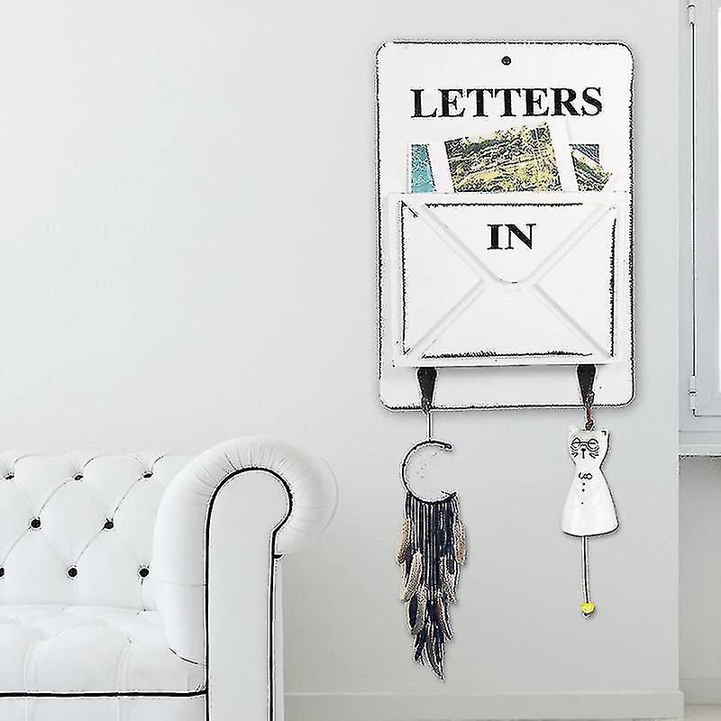 صندوق بريد خشبي رسالة رف مثبت على الحائط فارز البريد صندوق تخزين صندوق مفاتيح خطافات حامل قائم (أبيض)