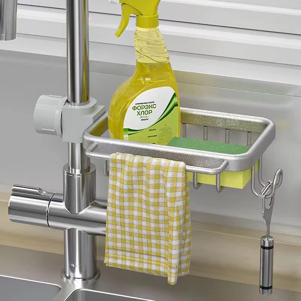 Sponge Holder For Kitchen Sink Faucet Caddy Upgraded Organizer With Dish Towels Drying Rack & Hooks Over Faucet Hanging Faucet Drain Rack For Sink Org