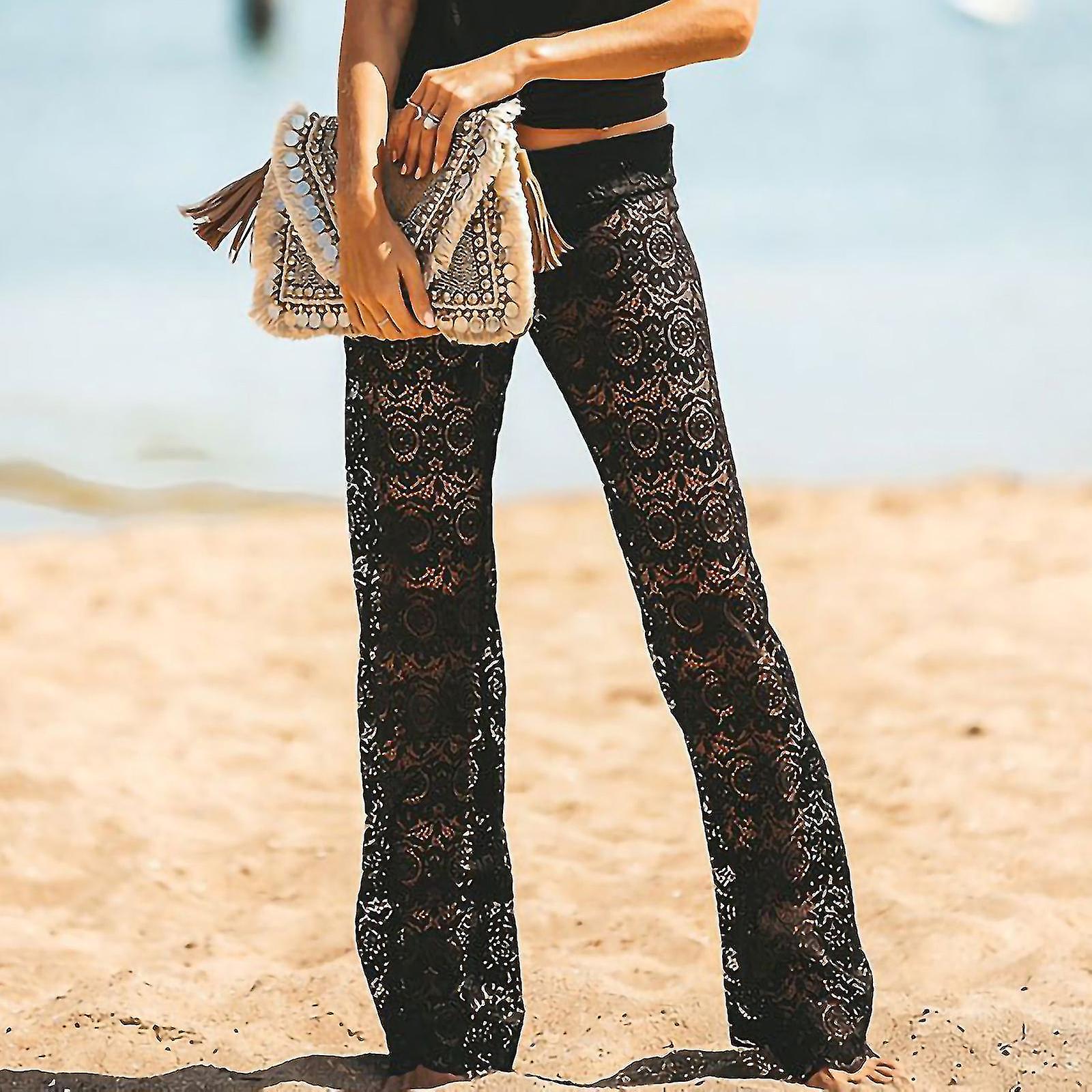 Vrouwen broek kant hol uit strand lange broek boot cut zon bescherming broek Wuqx