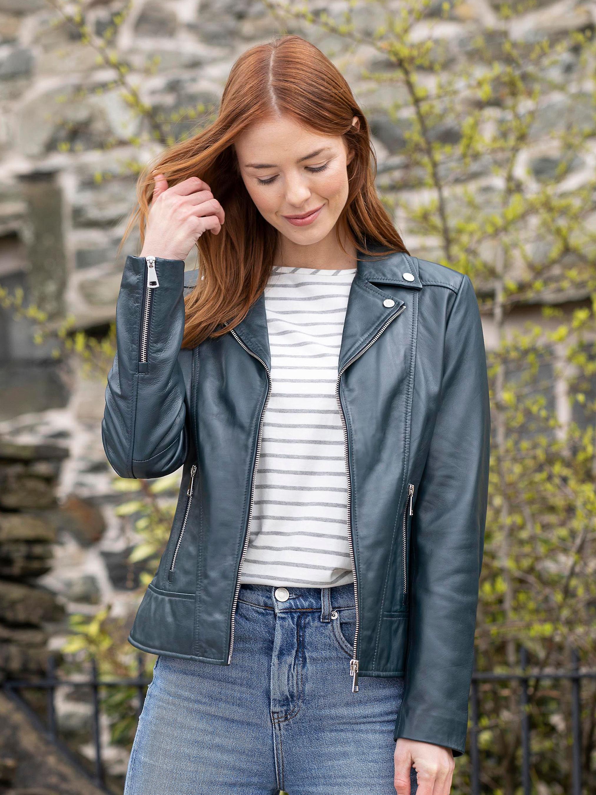 Newby Centre Zip Leather Biker Jacket in Navy