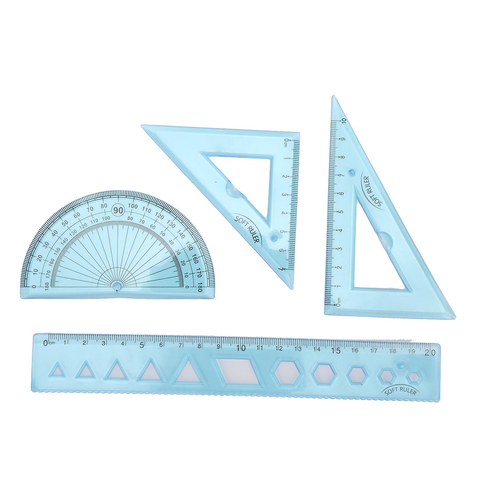 Ruler Kit FourPiece Soft Plastic Transparent Blue Angle Length Measuring Tools with Wavy Line for Kids Students