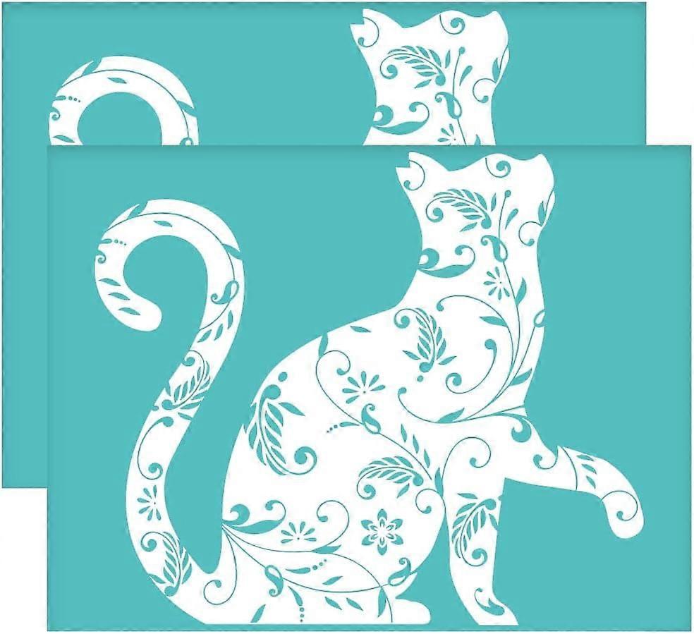 2Pcs 11x8.6 Inch Cat Theme Self-Adhesive Silk Screen Printing Stencil Mandala Floral Cat Silk Screen Stencil Cat Silhouette Mesh Stencils Transfer for