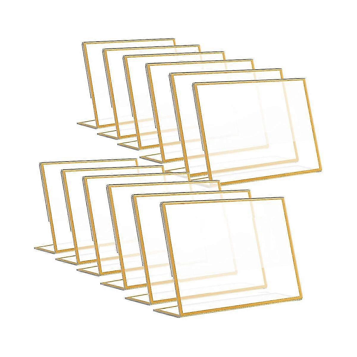 12pcs Cadre en or Support d’enseigne en acrylique Porte-numéro de table de mariage Menu incliné Support double face, 4