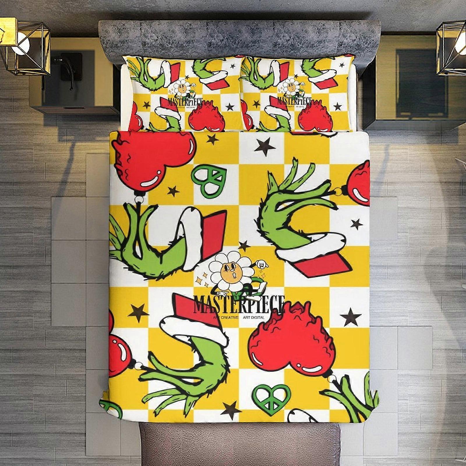v3577 Lençóis de Cama de Natal Grinch Xadrez Conjunto de Capa de Edredom de 3 Peças Tamanho Completo Super Macio Resistente ao Desbotamento Microfibra 1 Capa com Zíper e 2