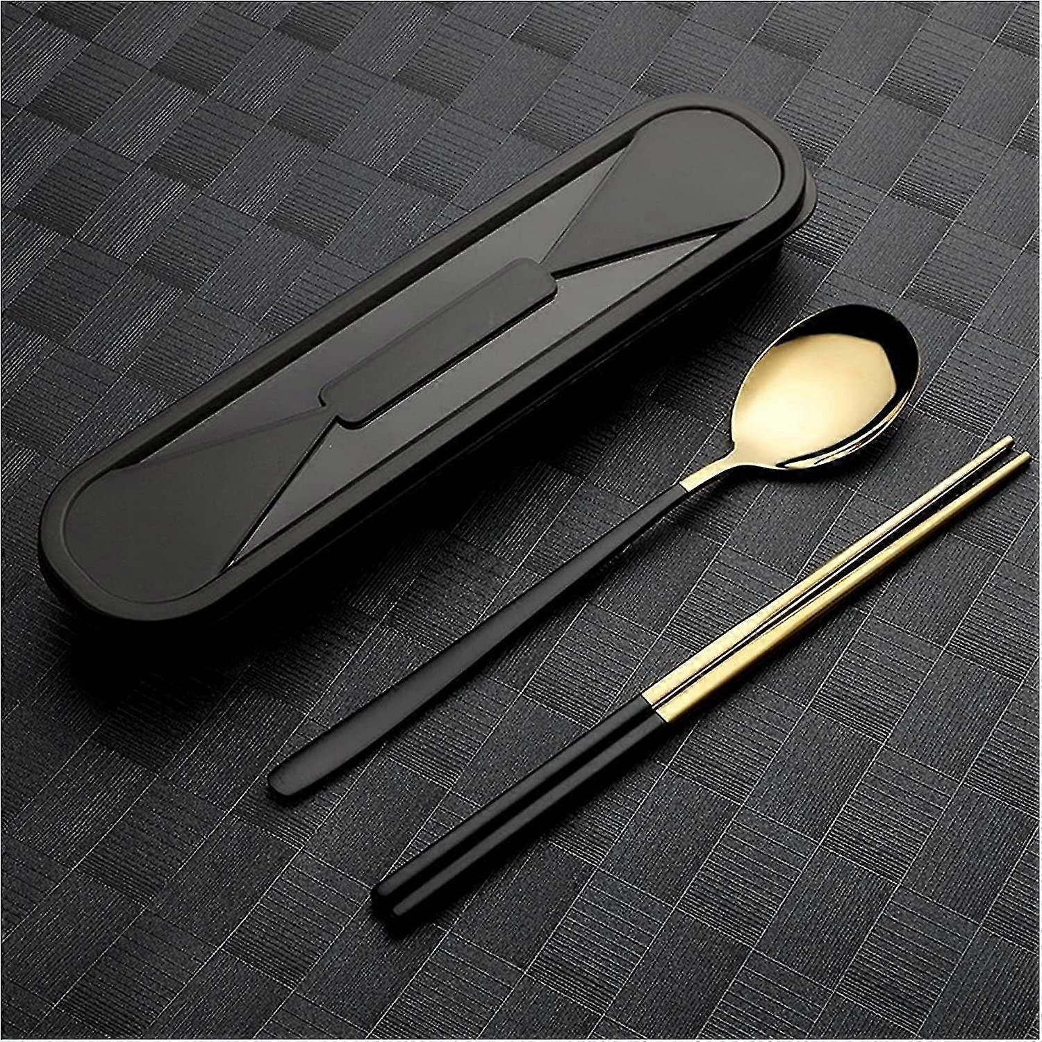 304 Ensemble de couverts en acier inoxydable Ensemble de couverts avec étui Ensemble de couverts de voyage réutilisable Ensemble de vaisselle portable (noir) (2pcs)