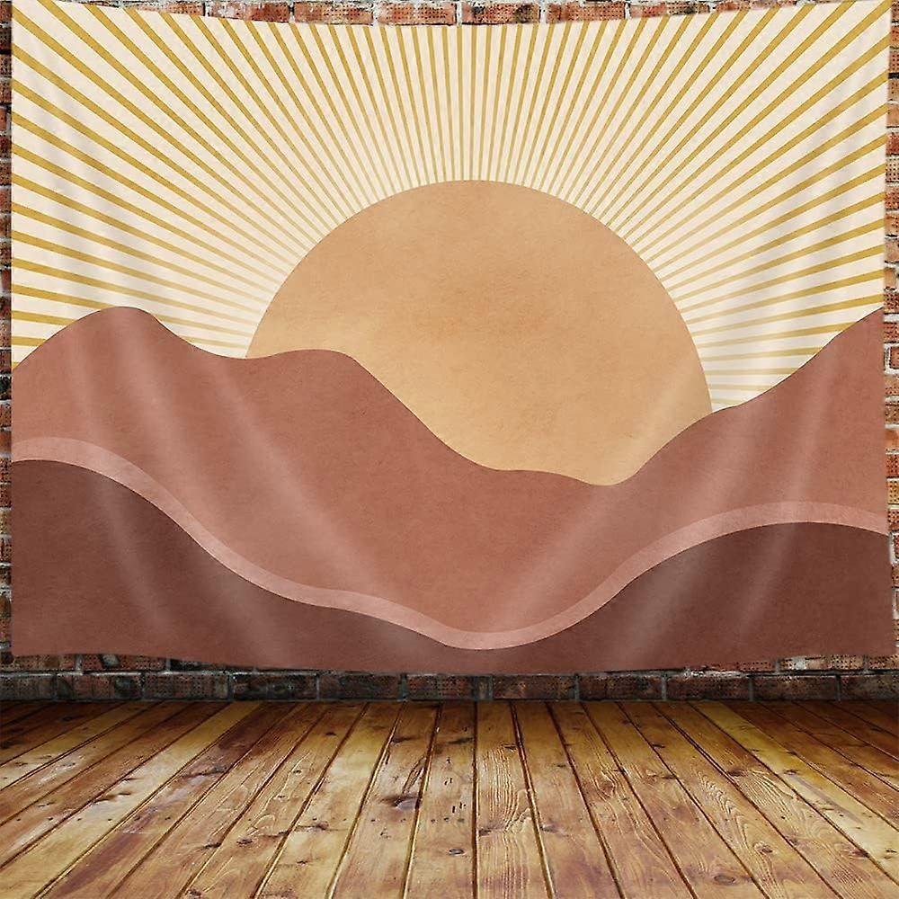 Boho Mountain Sun Tapestry, Brown Abstract Nature Golden Sunrise Tapestry Wall Hanging for Bedroom, Modern Minimalist Landscape Tapestries Poster Blan