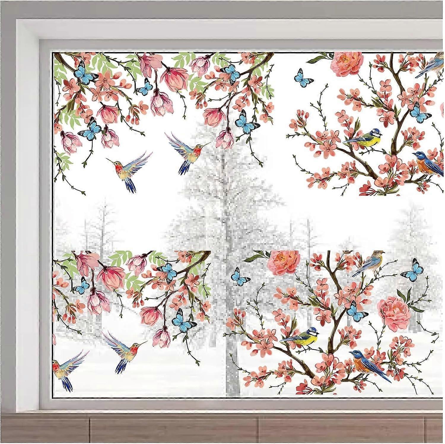 46x15/116x38cm Tree Branch Window Clings Double Sided Hummingbirds Butterfly Window Decals Spring Flower Window Stickers Non Adhesive Static Vinyl Fil