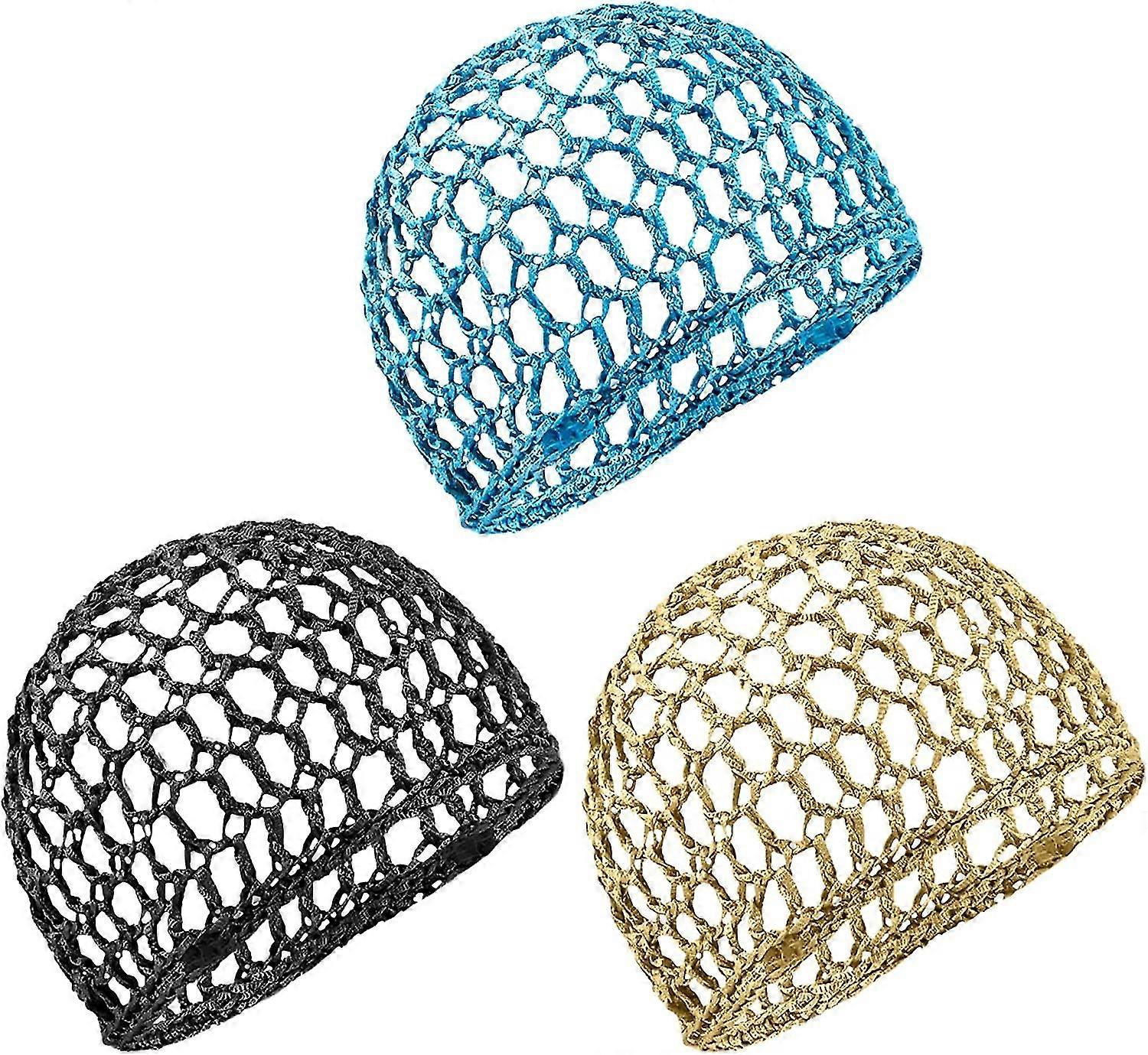 3st Mesh Virkat hårnät, Rayon stickad snood hatt, tjockt hårnät snoods täcka prydnad för nattsömn