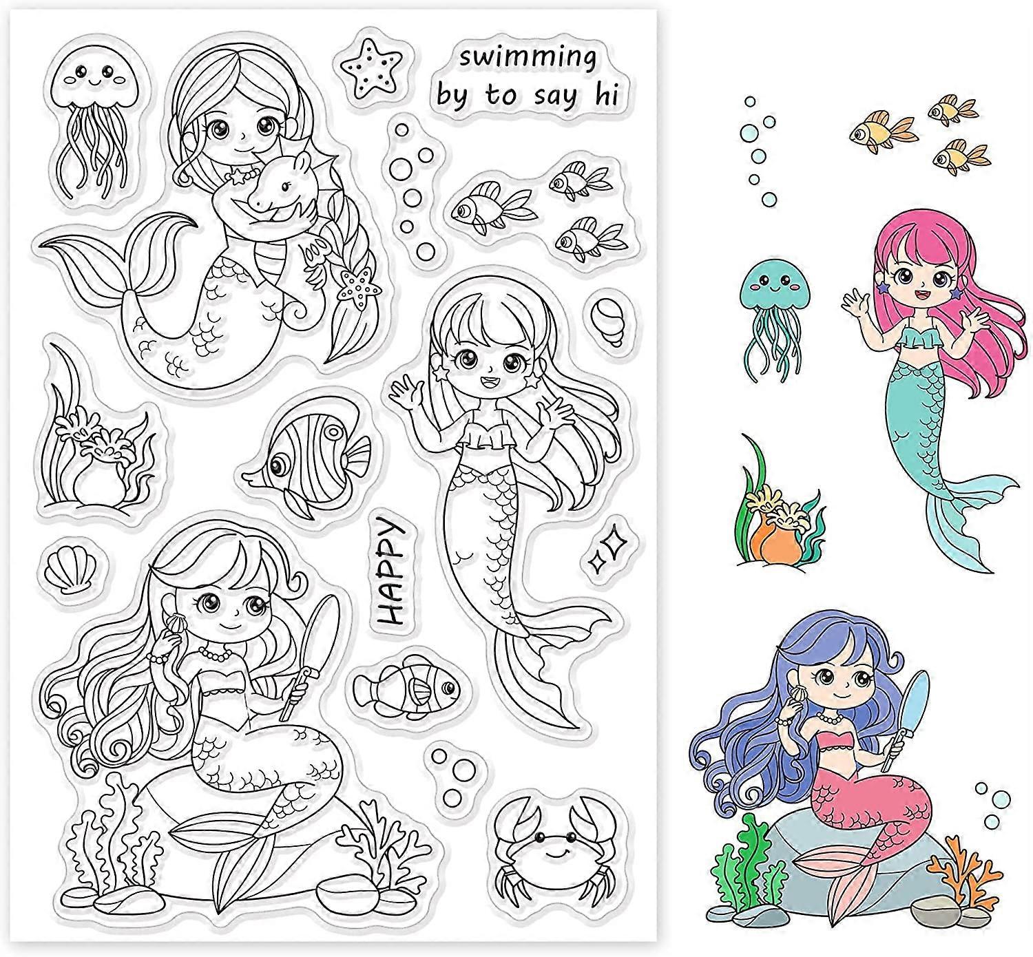 1Sheet Mermaid and Ocean Critters Clear Stamp Coral and Crab Transparent Silicone Stamp Summer and Shell Stamp for Scrapbook Journal Card Making