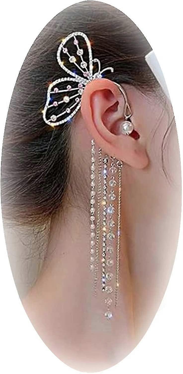 女性のためのジルコンバタフライイヤリングバタフライイヤーカフラインストーンラップイヤリングバタフライイヤークリップアリングアリングガールビュートのための妖精イヤリング