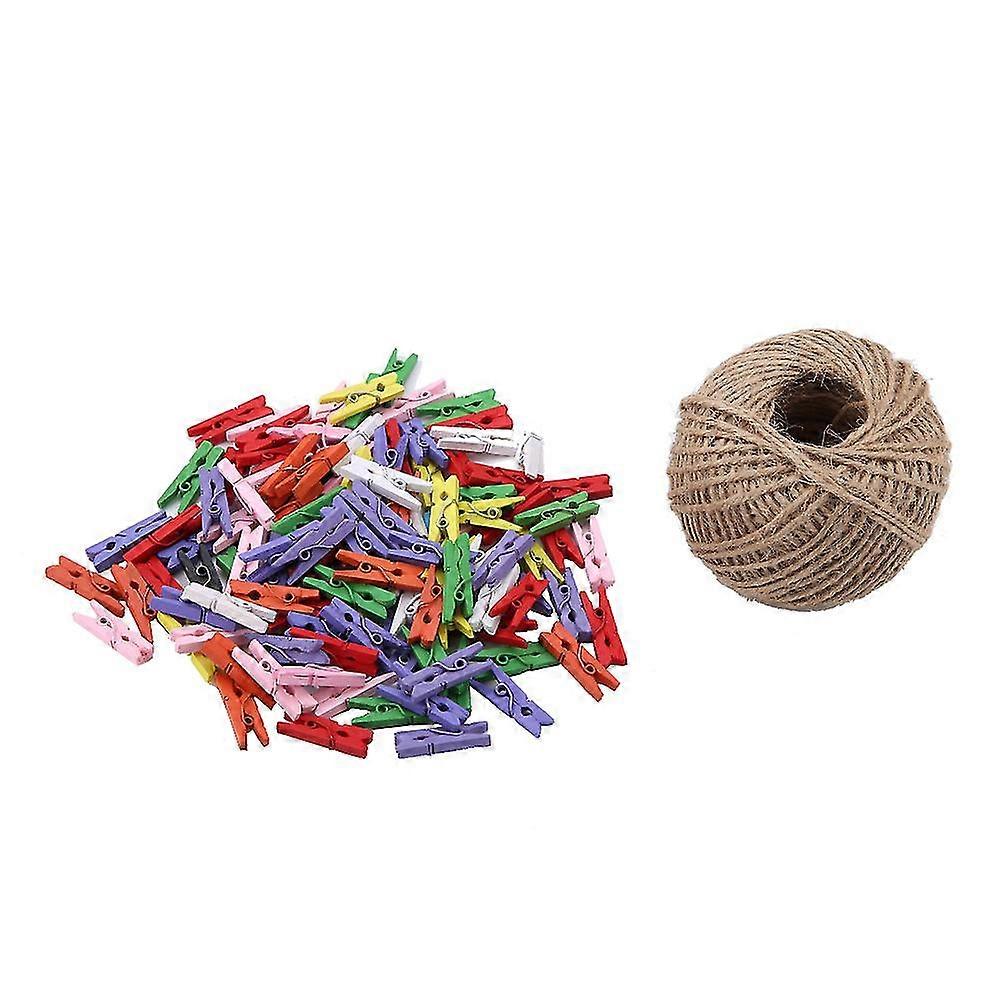200pcs Natural Wooden Mini Clothespins Clip Peg with 1 Roll of 50 Meter Jute Twine Crafts Decor