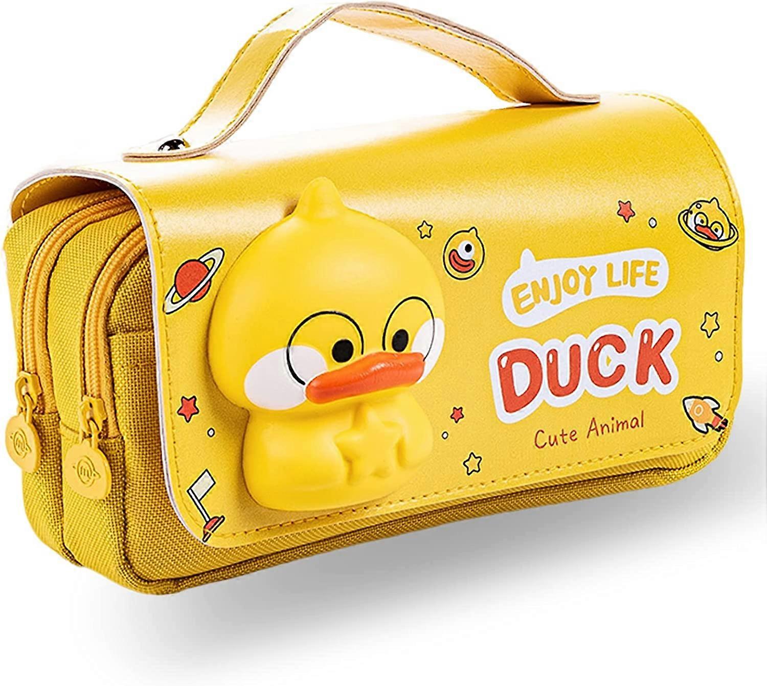 Pencil Case, Cute Yellow Duck Pencil Pouch with Decompression Toy, Portable Large Pencil Bag with Handle, 3 Compartments Canvas Kawaii / with Zipper/ 