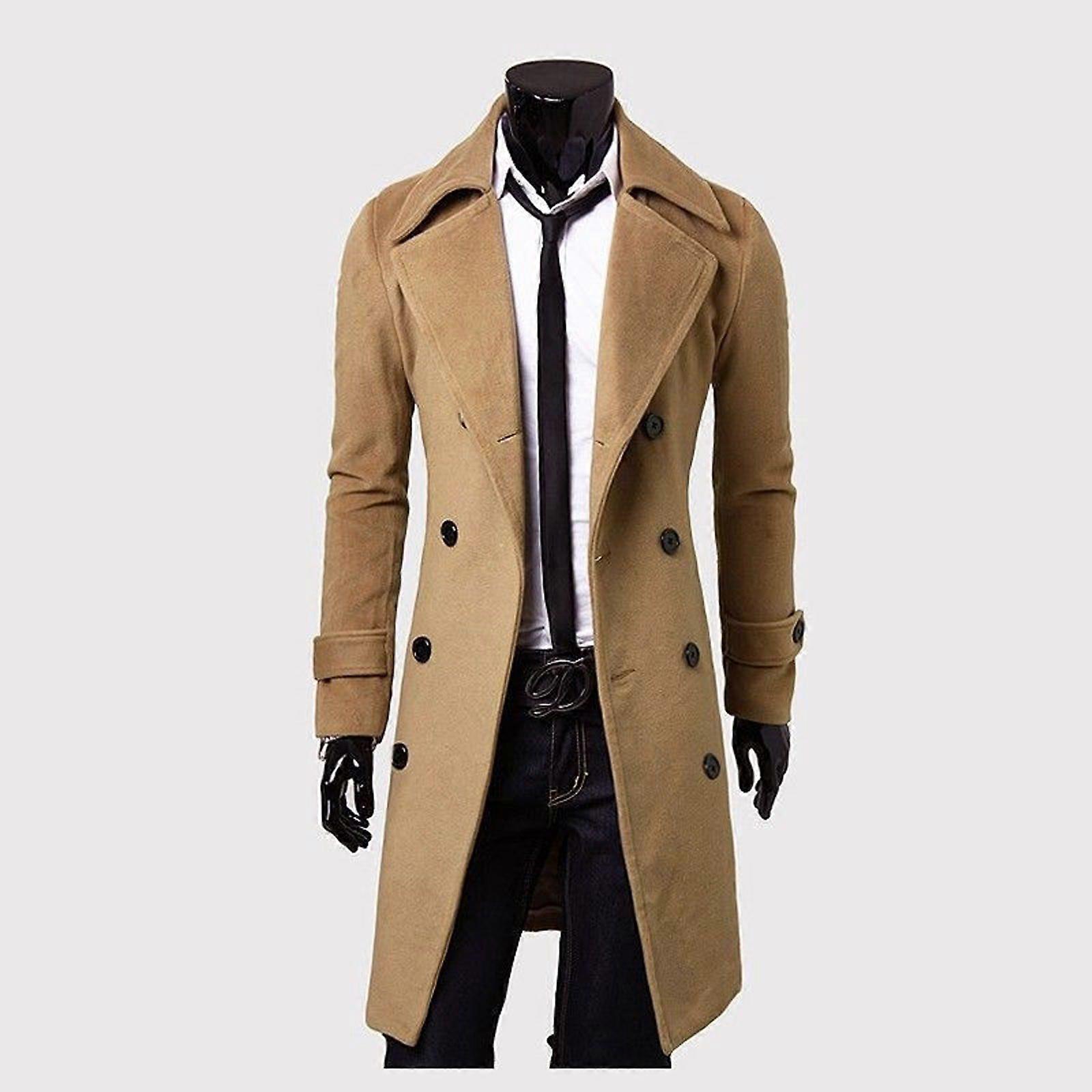 Men Lapel Trench Coat Double Breasted Winter Overcoat Outwear