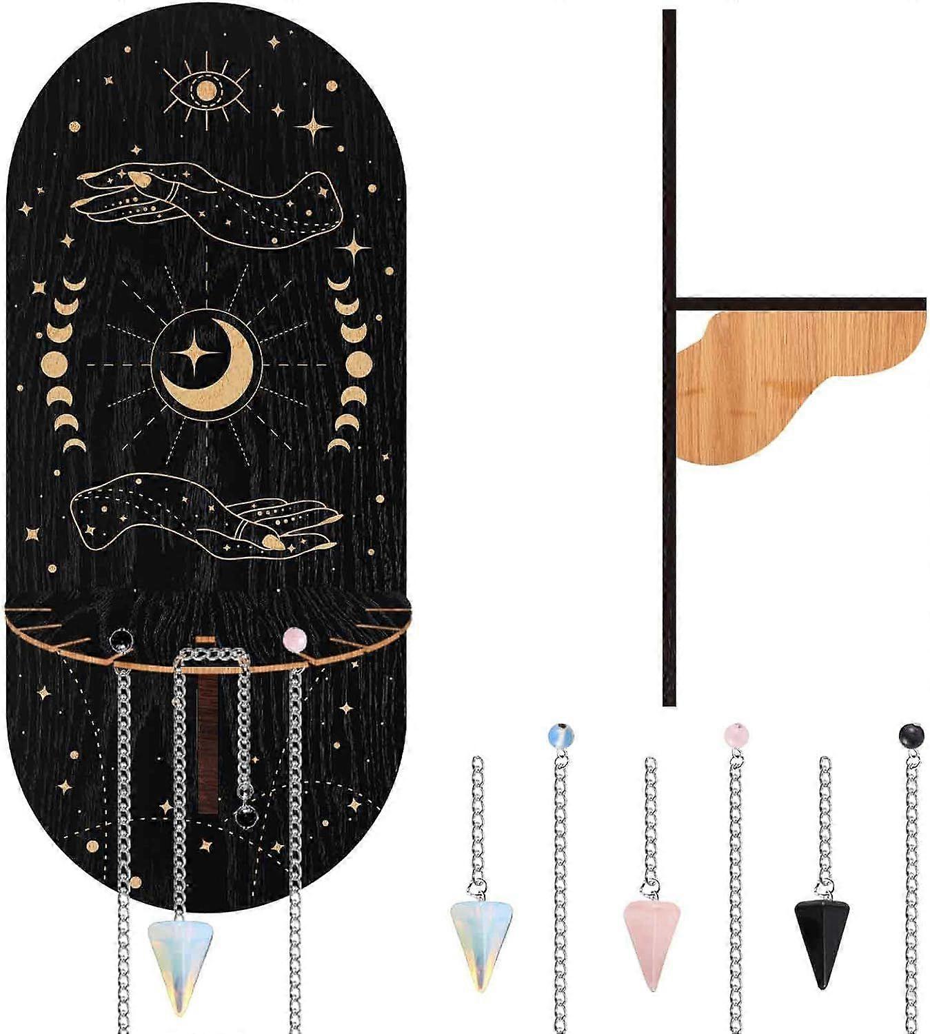 Small Crystal Shelf Moon Black Display Holder Witch Hand Pendulum Holder Magical Wooden Hanging Rustic Crystal Stand with 3 Pieces Natural Stones for