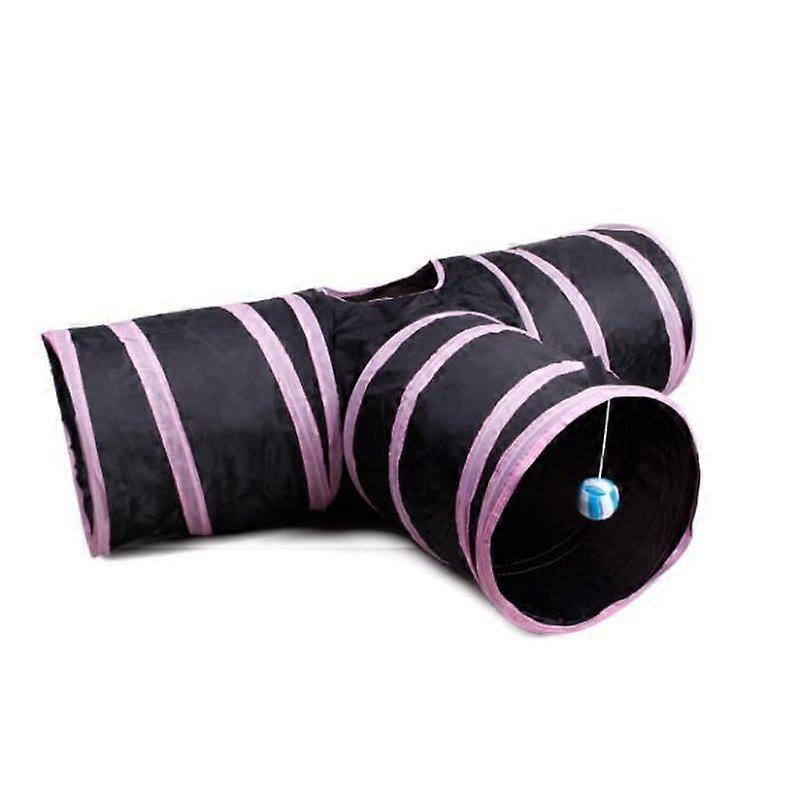 3 Way Collapsible Cat Tunnel with Hanging Small Ball for Kitty Black and Pink 80*30*25cm