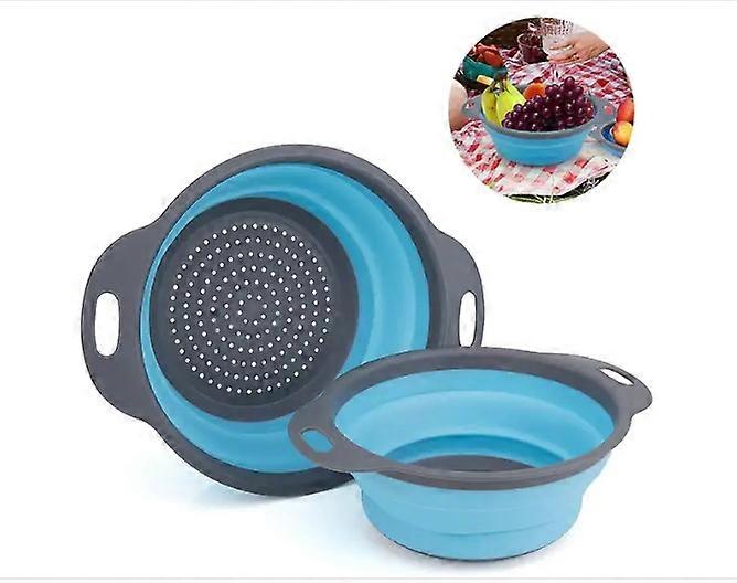 2PCS Foldable Colander-Foldable Drain Strainer Silicone Foldable Pasta - Blue