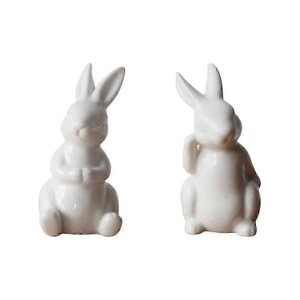 2pcs Easter Rabbit Decors Ceramics Craft Rabbit Figurines Desktop Ornaments