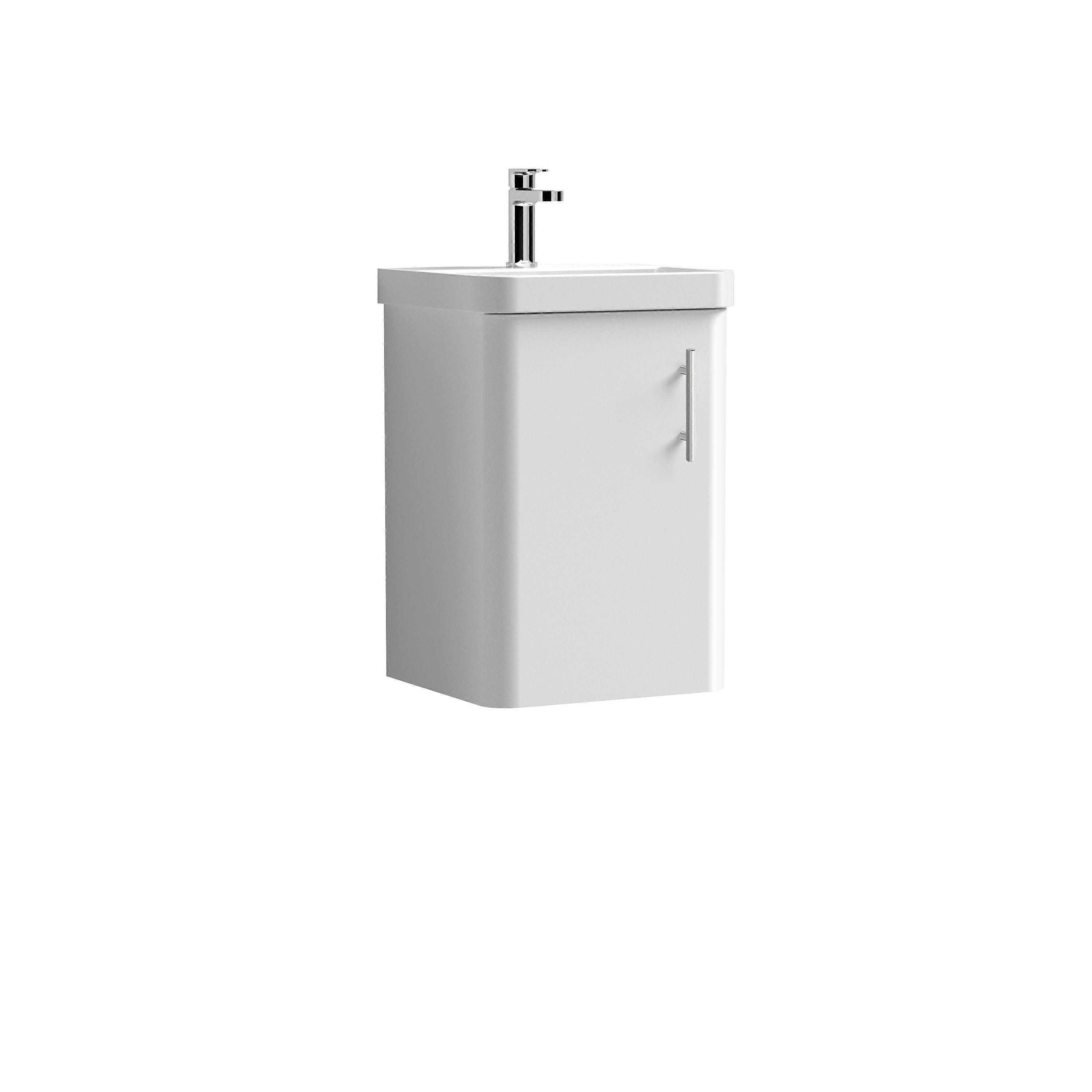 Curve Wall Hung 1 Door Vanity Basin Unit - 400mm - Gloss White with Chrome Knurled Bar Handle (Tap Not Included) Faucet