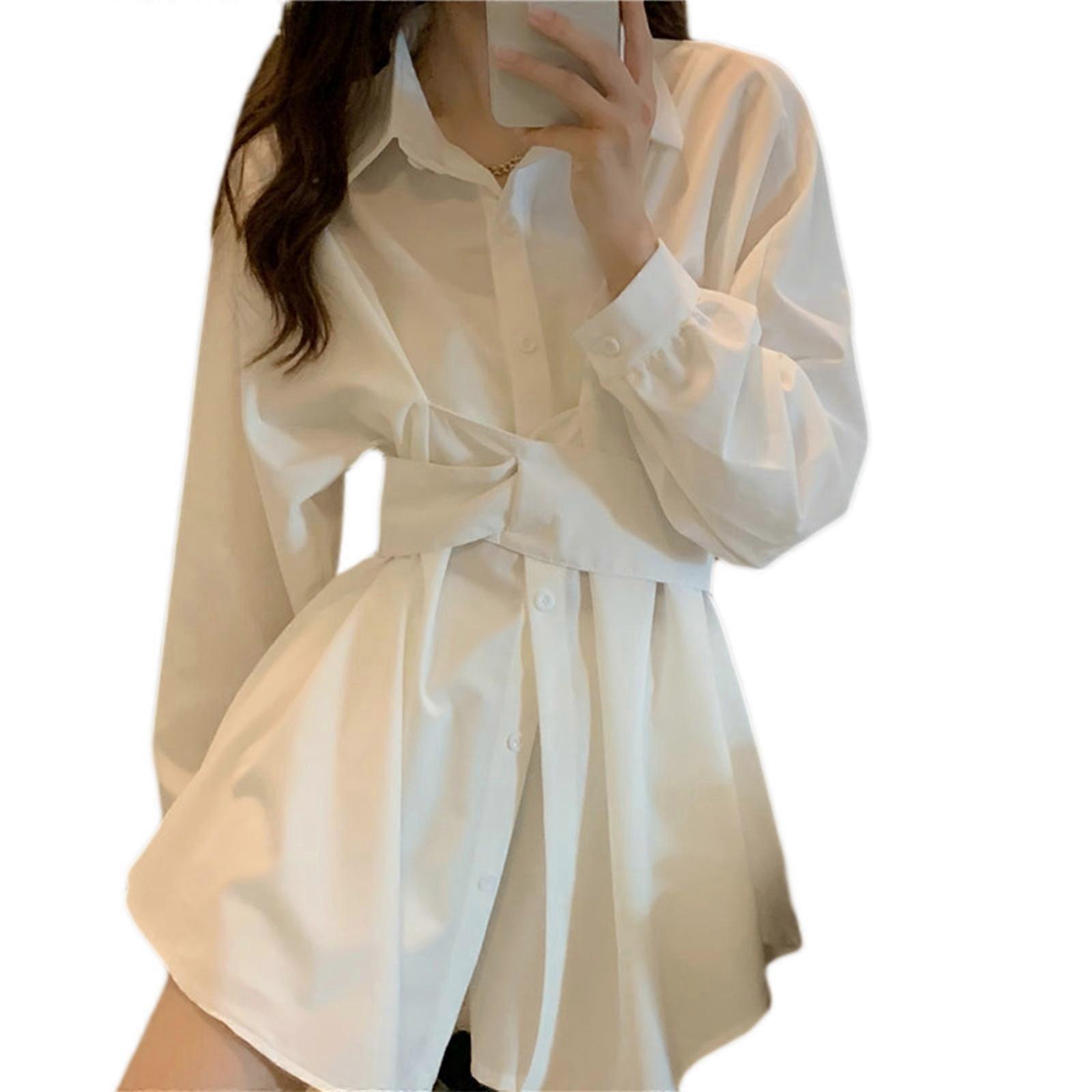 Cintura in vita Abiti corti Profondo scollo a V frenulo Abiti solidi Donna Button Down Maniche lunghe Mini abiti per le donne Bianco Taglia unica