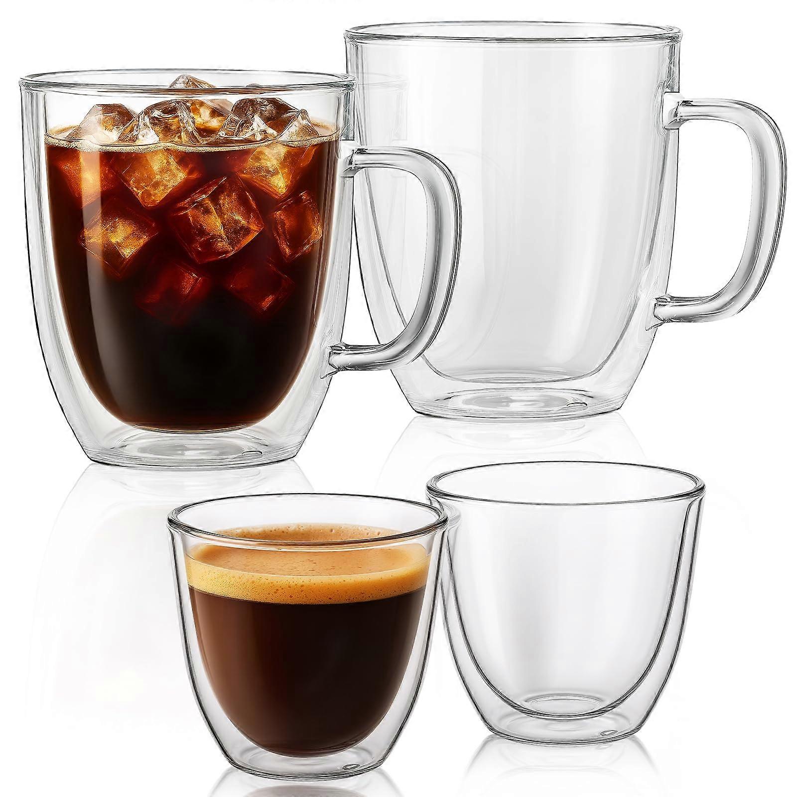4 Set Clear Insulated Coffee Mugs and Espresso Shot Glasses for Cappuccino 12.5 OZ and 3.5 OZ