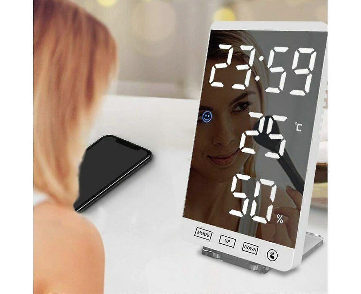 LED Digital Mirror Alarm Clock with Indoor Thermometer - Adjustable Brightness, Stylish Design, Multiple Placement Options