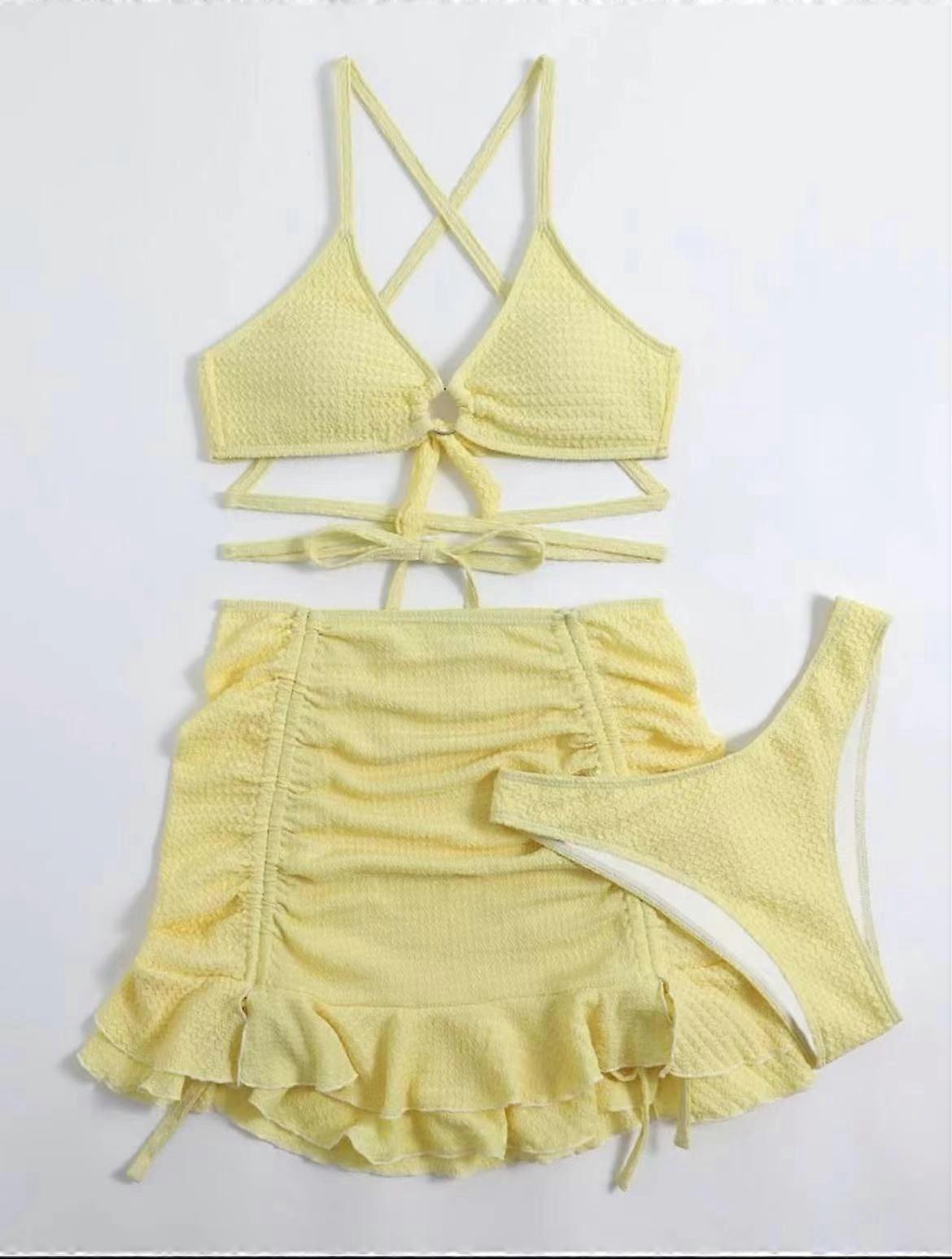 3-piece beachwear Yellow Crinkle Bikini Set with Wrap Halter Top and Ruffled Mini Skirt Cover-Up | Men's Summer Shorts