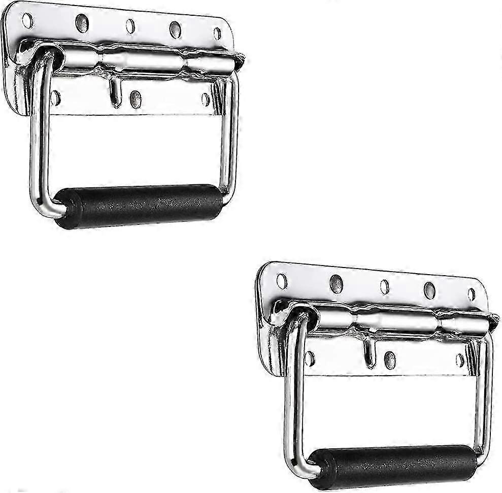 Folding Crate Handles, 2 Pieces Stainless Steel Pull Handle Spring Folding Handle With Rubber Grip For Toolbox Replacement Storage Boxes (140x40mm)