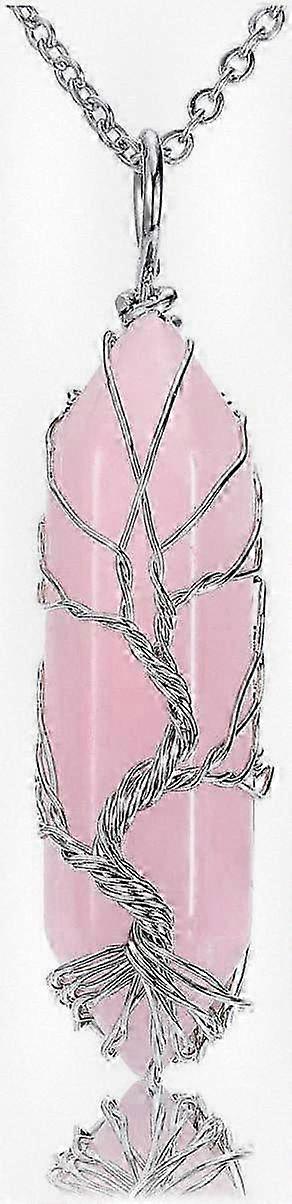 Natural Hexagonal Crystal Points Pendant Necklace featuring Rose Quartz Healing Stone and Tree of Life Wire Wrapped Design, compatible with