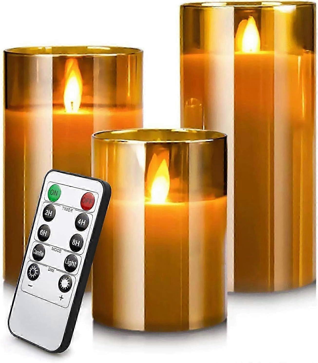 LED Flameless Candles 4" 5" 6" Set of 3 Candle Lights Battery Operated Candles Brown Glass Pillars Realistic Flickering Wick Flame Mode 24 Hour Timer