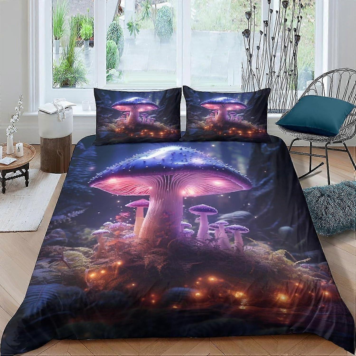 Fantasy Mushrooms Duvet Cover Set 3D Bedding Set Fairy Forest Comforter Cover Set Microfiber 3 Piece Set Quilt Cover with Zipper