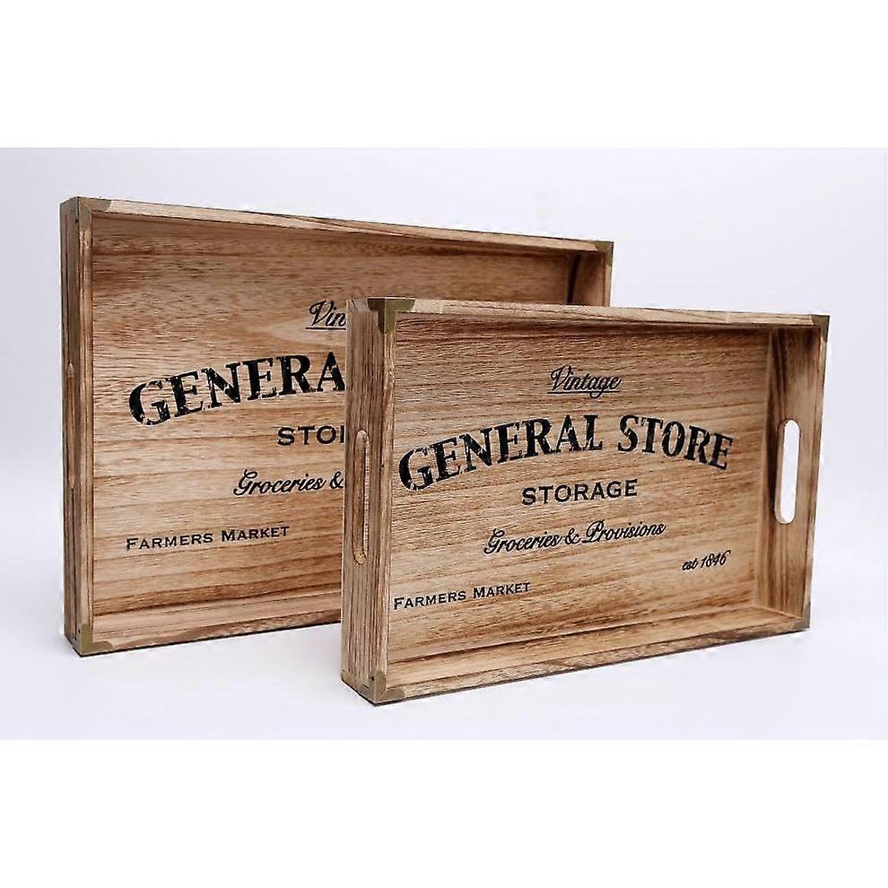 Set Of Two General Store Serving Wood Trays Plates Stylish Rectangular Rustic Small Vintage Wooden