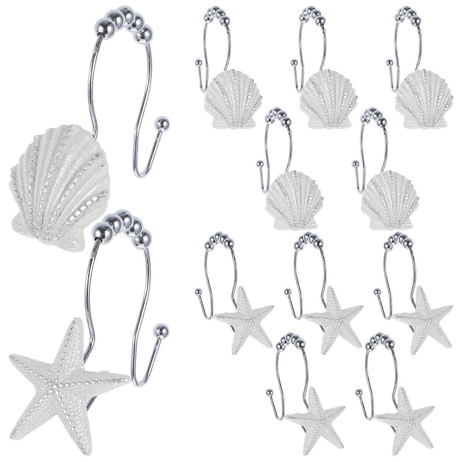 12 Pcs Stainless Themed Shower Curtain Hooks with Seashell & Conch Designs – Easy Install Bathroom Decor