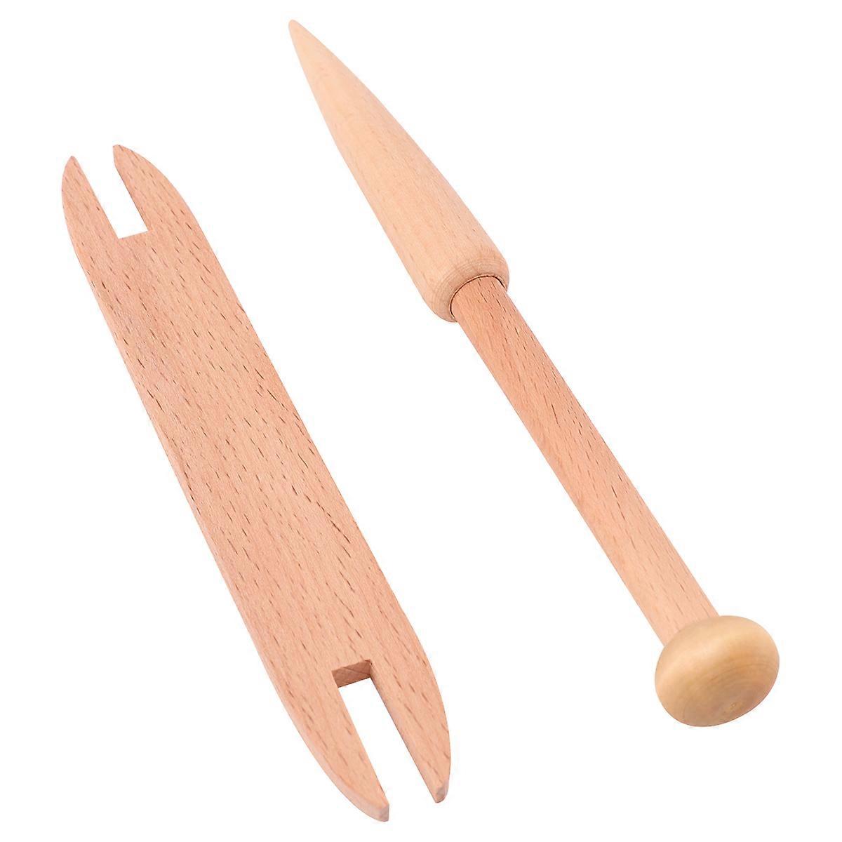 DIY Knitting Tools Set with Wooden Shuttle and Weaving Stick for Sweater Scarf Tapestry Craft Light Brown