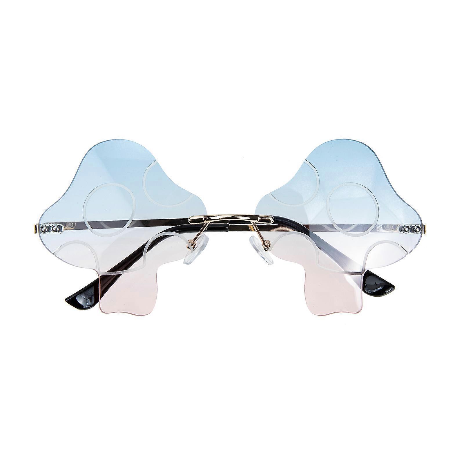 Mushroom Shape Frameless Sunglasses for Men – Stylish & Unique Eyewear for Parties, Festivals & Daily Wear – Decorative Gold Design with Blue & Pink