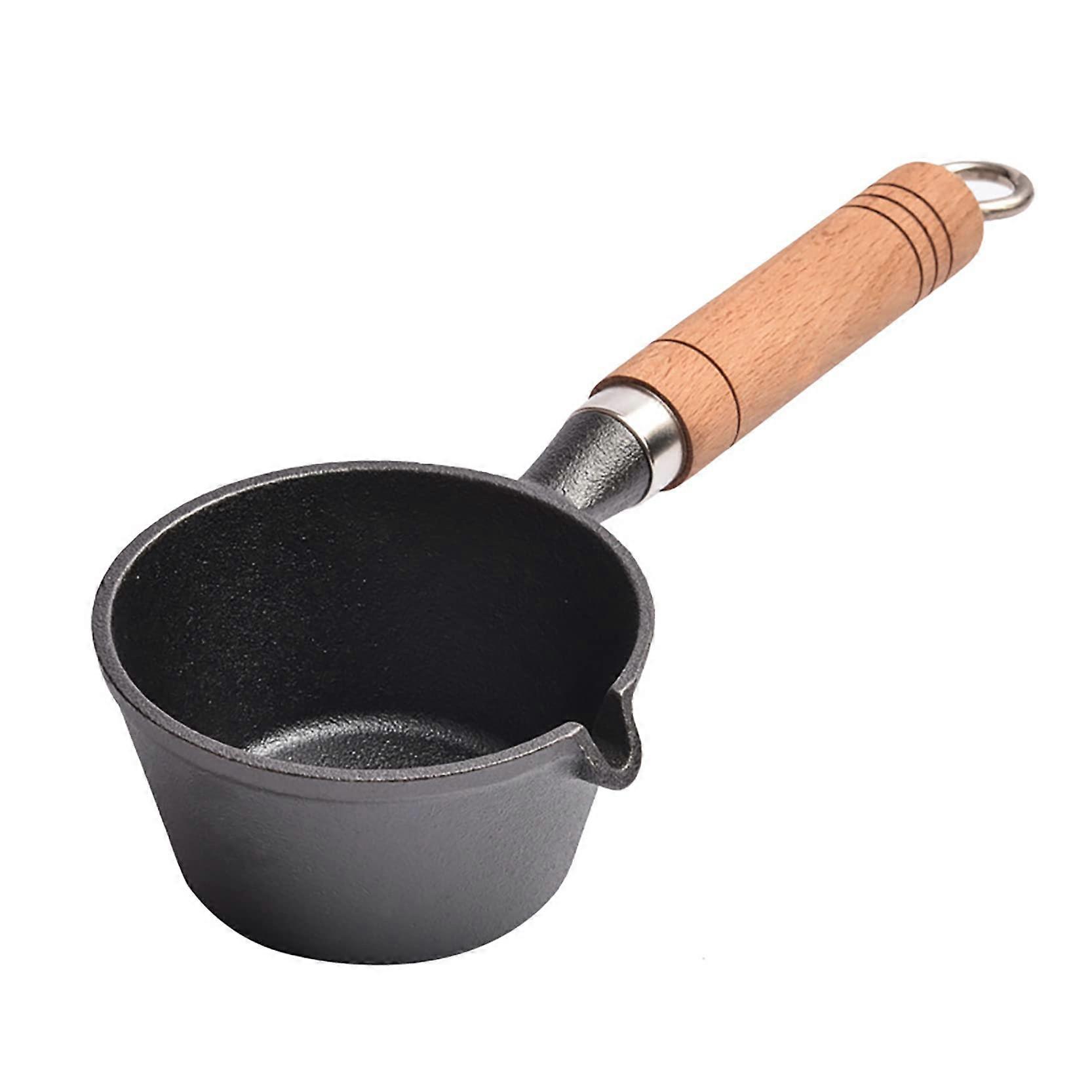11cm Mini Cast Iron Butter Warmer 250ml Wooden Handle No Coating Omelet Pan With Spout Portable Egg Pan Black