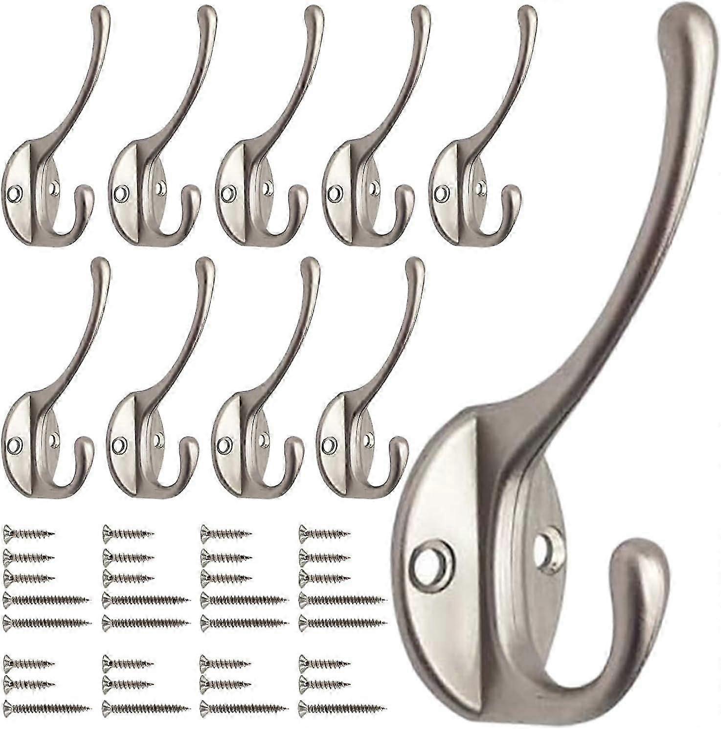 Satin Nickel Coat Hooks for Wall Pack 10 - Heavy Duty Coat Hooks Wall Mounted - Premium Design Wall Hooks Rust Free Door Hooks for Hanging