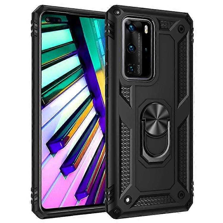 Ring Kickstand Armor Case PC TPU Combo Mobile Shell for Huawei P40 Pro - Black