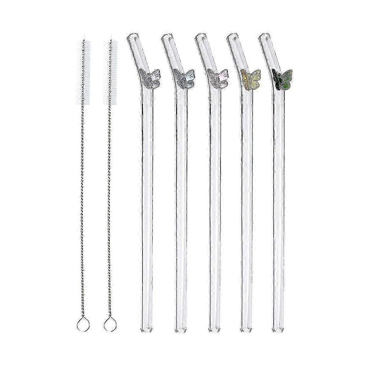 5 Pcs Reusable Glass Straws,colorful Butterfly On Clear Straws With Design Shatter Resistant Bent Drinking Straws