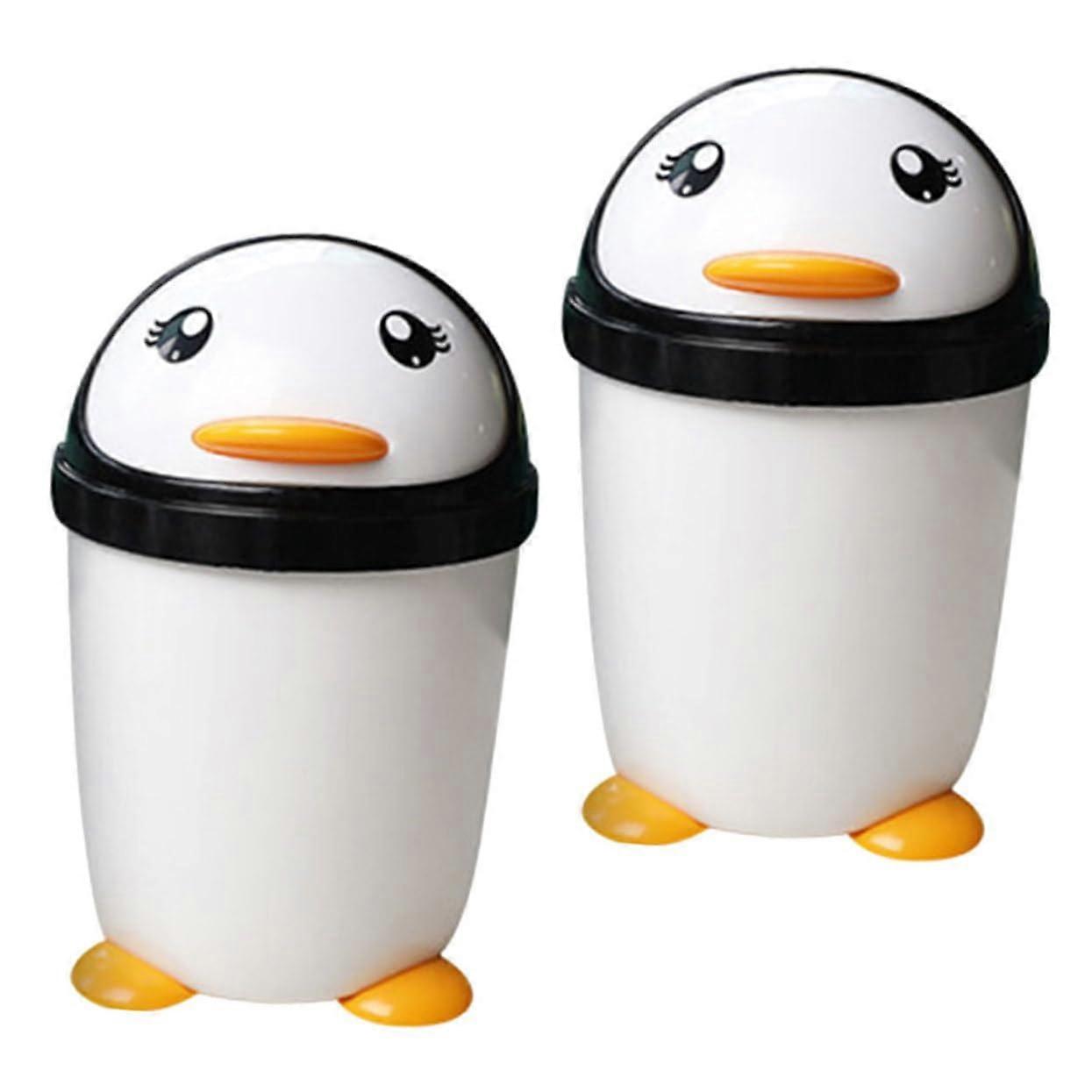 Penguin Trash Can with Lid 2-Pack Small Desktop Bin Black And White Plastic Garbage Container