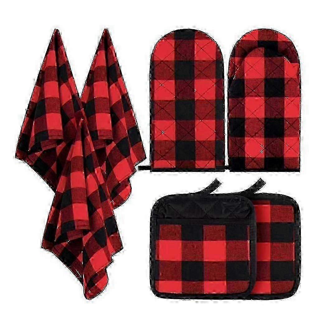 2025 7 Pcs Check Torchon Pot Holder Four Gant Set Antidérapant Pour La Cuisson