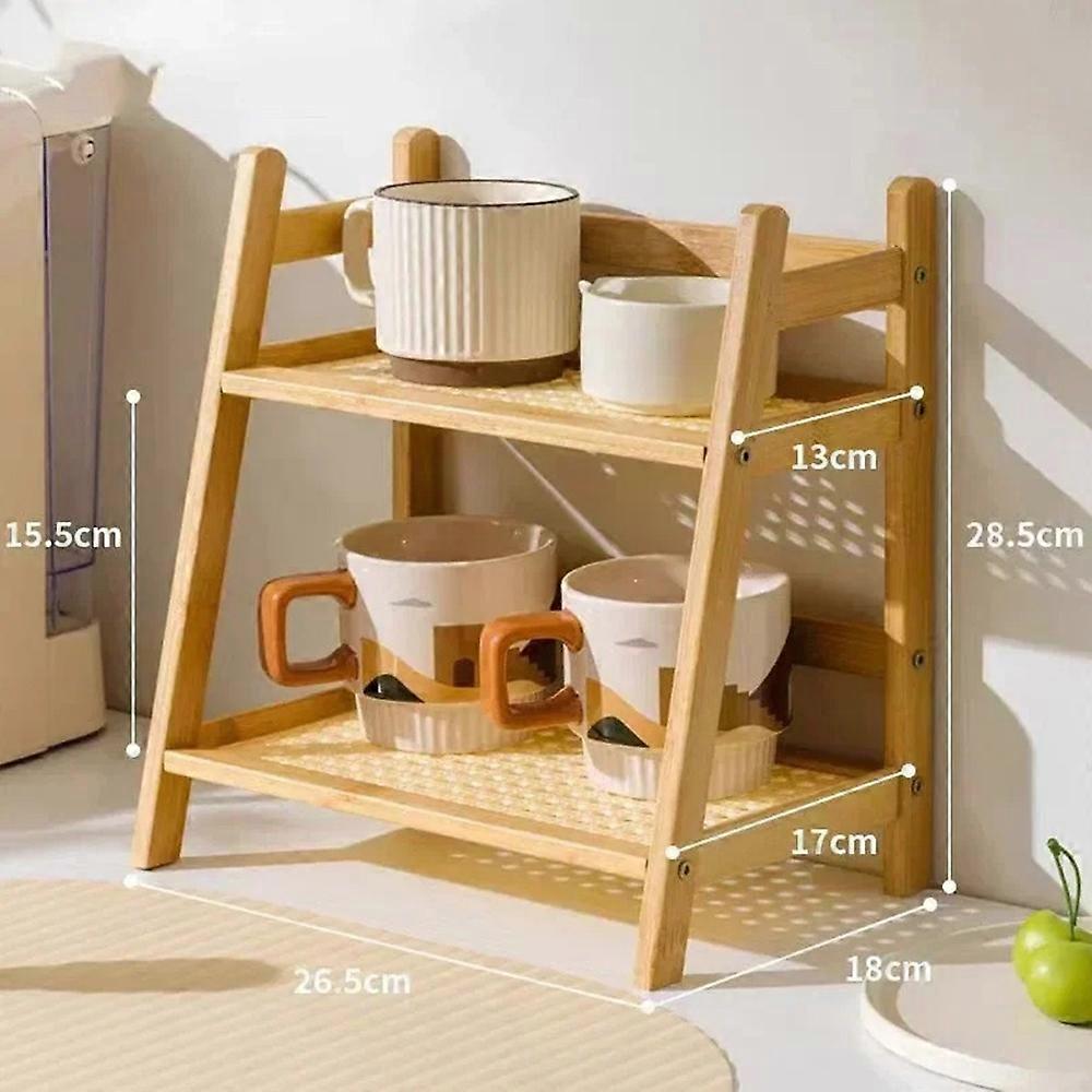2 Tiers 27cm Length Mesh Shelf Desktop Cup Organizer Rack Mug Holder Bamboo Storage Stand